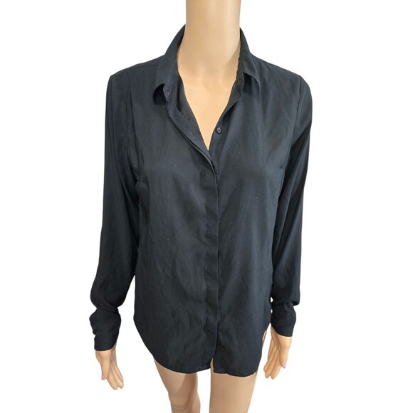 Express women's Small portofino black long sleeve thin button down blouse silky - Picture 1 of 6